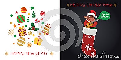 New Year and Christmas card. The jolly bull symbol of 2021 plays the guitar Vector Illustration