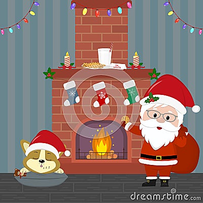 New Year and Christmas card. Santa Claus holds a bag with gifts and cookies. A cute puppy of corgi is sleeping by the Christmas Vector Illustration