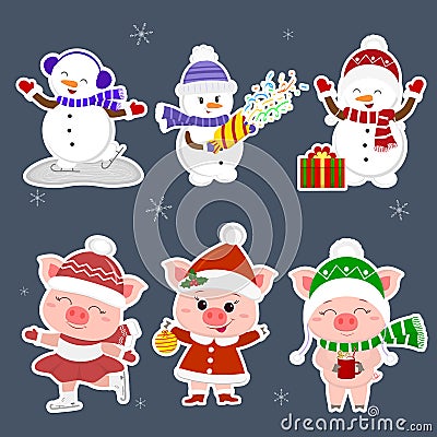 New Year and Christmas card. A set sticker of three snowmen and three pigs character in different hats and poses in Vector Illustration