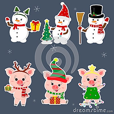 New Year and Christmas card. A set sticker of three snowmen and three pigs character in different hats and poses in Vector Illustration