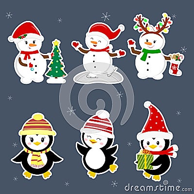 New Year and Christmas card. A set stickers of three penguins and three snowmen characters in different hats and poses Vector Illustration