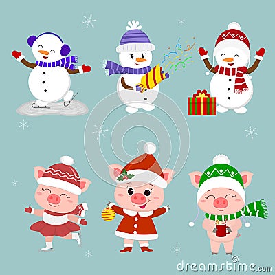 New Year and Christmas card. A set of three snowmen and three pigs character in different hats and poses in winter. Gift Vector Illustration