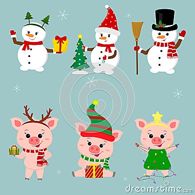 New Year and Christmas card. A set of three snowmen and three pigs character in different hats and poses in winter. Gift Vector Illustration