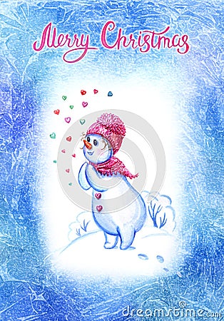 New Year, Christmas card with a snowman girl Cartoon Illustration