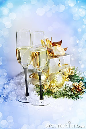 New Year and Christmas Celebration .Two Champagne Glasses in Holiday decoration. Stock Photo