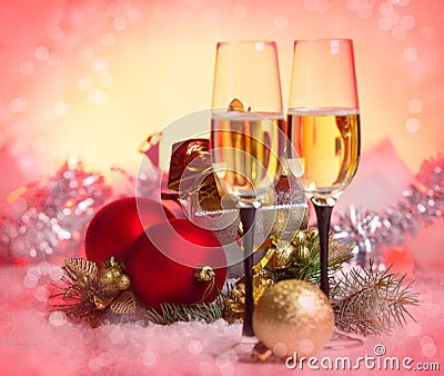 New Year and Christmas Celebration .Two Champagne Glasses in Holiday decoration. Stock Photo