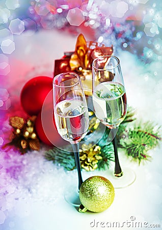 New Year and Christmas Celebration .Two Champagne Glasses in Holiday decoration. Stock Photo