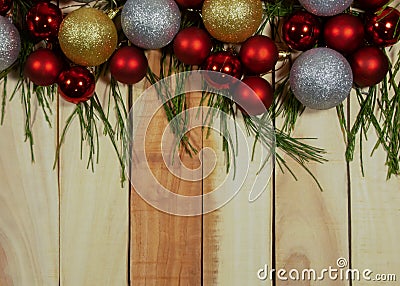 Top view background,New year and Christmas compositions with decoration Christmas ball and tree on the table wooden Stock Photo