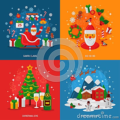 New Year and Christmas Concepts Set. Flat Winter Fun Holiday Design. Cartoon Illustration