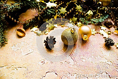 New Year or Christmas decorations isolated on a yellow background, bokeh effect.Celebration, greeting card,christmas Stock Photo