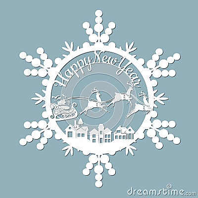 New year, Christmas, deer, Santa Claus, snowflake. house, roof, For laser cutting, plotter and silkscreen printing Vector Illustration