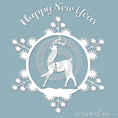 New year, Christmas, deer, snowflake. Template For laser cutting, plotter and silkscreen printing Vector Illustration