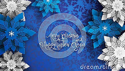 New year 2020 and Christmas design. Blue and white christmas paper cut snowflakes Vector Illustration