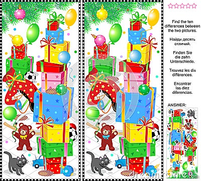 New Year or Christmas find the differences picture puzzle Vector Illustration