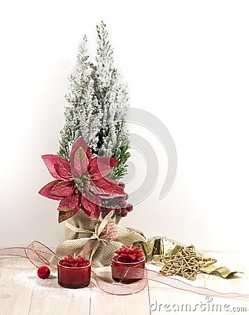 New Year, Christmas holiday card. New Year`s photo. Decorative wooden Christmas tree and berries. Stock Photo