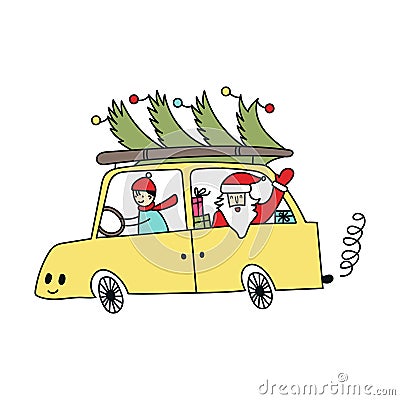 New Year and Christmas illustration with Santa on the car with Christmas tree. Vector illustration Cartoon Illustration