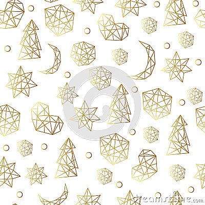 New Year and Christmas luxury gold seamless pattern with stars, balls, noel, moon. Greeting card, invitation, flyer. Vector Illustration