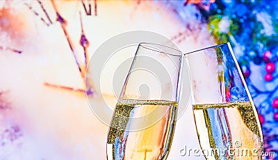 New Year or Christmas at midnight with champagne flutes make cheers on clock background Stock Photo