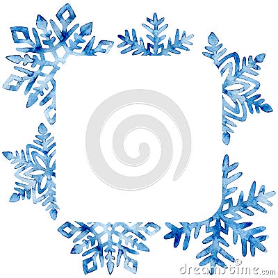 New Year and Christmas quarter frame. Blue watercolor snowflakes on a white background. Empty place for your text. Cute winter Stock Photo