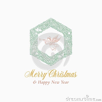 New Year and Christmas Sketch Hexagon Pine Wreath, Sign, Logo, Banner or Card Template with Hand Drawn Angel. Abstract Vector Illustration