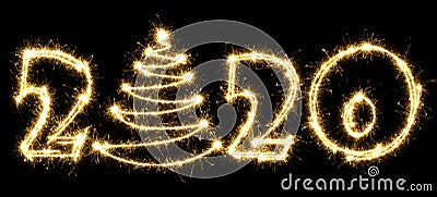 New Year 2020 with Christmas tree made by sparkler . Number 2020 and sign written sparkling sparklers . Isolated on a black Stock Photo
