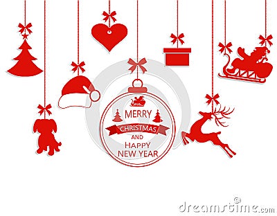 New Year Christmas. Various hanging ornaments, Santa hat, reindeer, heart, gift, dog and Christmas tree isolated on Vector Illustration