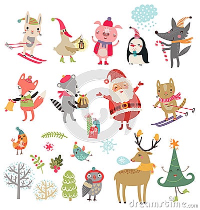 New year Christmas Winter Collection Vector set of cute characters. Vector Illustration