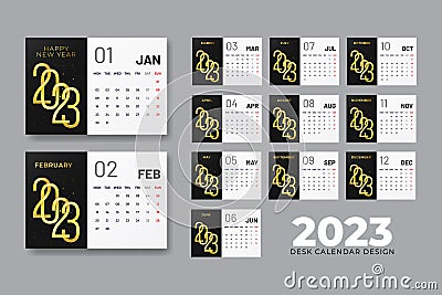 2023 new year clean modern calendar with gold color template design Vector Illustration