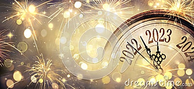2023 New Year - Clock And Fireworks - Countdown To Midnight Stock Photo