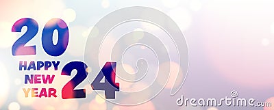 New Year 2024 color gradient horizontal banner with beautiful sun rays and blurred yellow round lights Vector Illustration