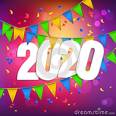 2020 New Year of a colorful celebrate background with flag garland element. Happy holidays purple greeting design modern card Stock Photo