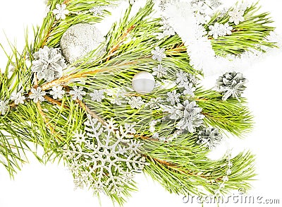 New year composition with fir tree, artificial snowflake and silver ball Stock Photo