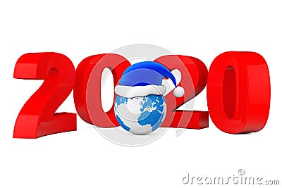 2020 New Year Concept. Santa Hat over Earth Globe. 3d Rendering Stock Photo