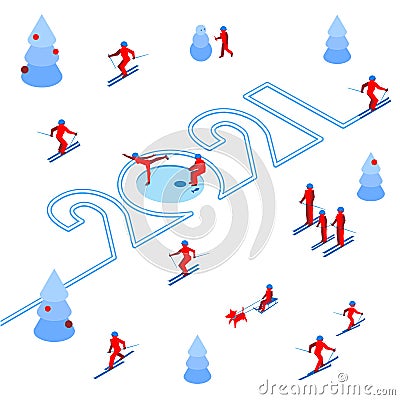 New Year 2021 concept - skier left a trace in Vector Illustration