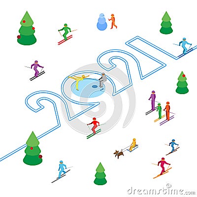 New Year 2021 concept - skier left a trace in Vector Illustration