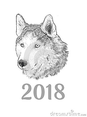 New Year 2018 congratulation card. Husky dog Portrait. Engraving monochrome hand drawing image isolated on white Vector Illustration