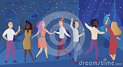 New year corporate party or birthday celebrating in office. Business team happy people celebrate vector illustration. Vector Illustration