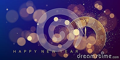 New Year countdown clock on glittering midnight sky with blur and bokeh. Purple and dark blue abstract holiday background. New Vector Illustration