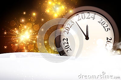 New Year 2024 countdown clock with golden blurred lights and fireworks Vector Illustration