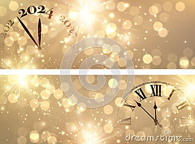 New Year 2024 countdown clock over background with glisters and defocused lights. Horizontal golden banners Vector Illustration
