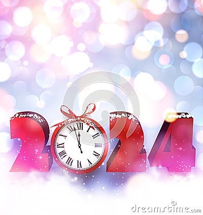 New Year 2024 countdown clock and red bow over silver background with glisters and defocused lights Vector Illustration