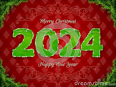 New Year 2024 of crumpled paper pinned pin Vector Illustration