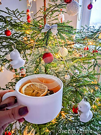 New year with cup of tea Stock Photo