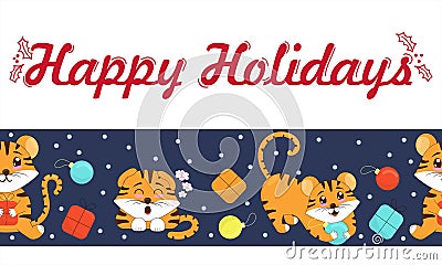New year cute tiger cubs playing with christmas balls and opening gifts, vector seamless on blue background, horizontal border, Vector Illustration