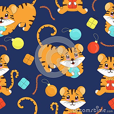 New year cute tiger cubs playing with christmas balls and opening gifts, vector seamless pattern in flat style, blue background Vector Illustration