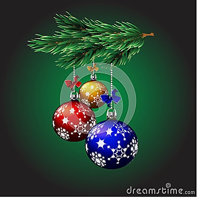 New Year decorations .Bolls on the branch of Christmas tree Stock Photo