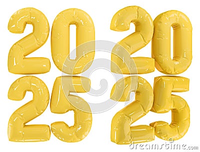 New Year 2025 design element. Isolated inflated glossy yellow balloon numbers. 3D rendering. Stock Photo