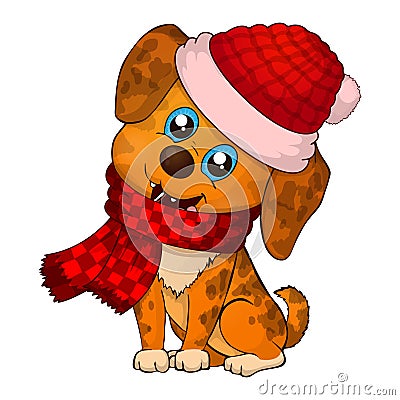 NEW year 2018 doggy. Happy Dog cartoon. christmas dog with red scarf. Cute brown puppies Vector Illustration