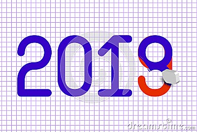 2019 New Year. Eraser erases a number 8, under which red the number 9. Background - page from a school squared notebook. 31 Decemb Stock Photo