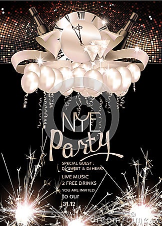 New year eve celebration invitation card with christmas deco elements and sparklers. Vector Illustration